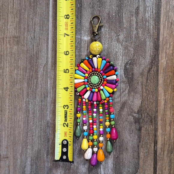 Colorful Bohemian Beaded Fringe Keychain Bag Charm Antique Bronze Hardware - Picture 3 of 8